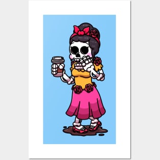 Skeleton Woman Trying To Drink Coffee Posters and Art